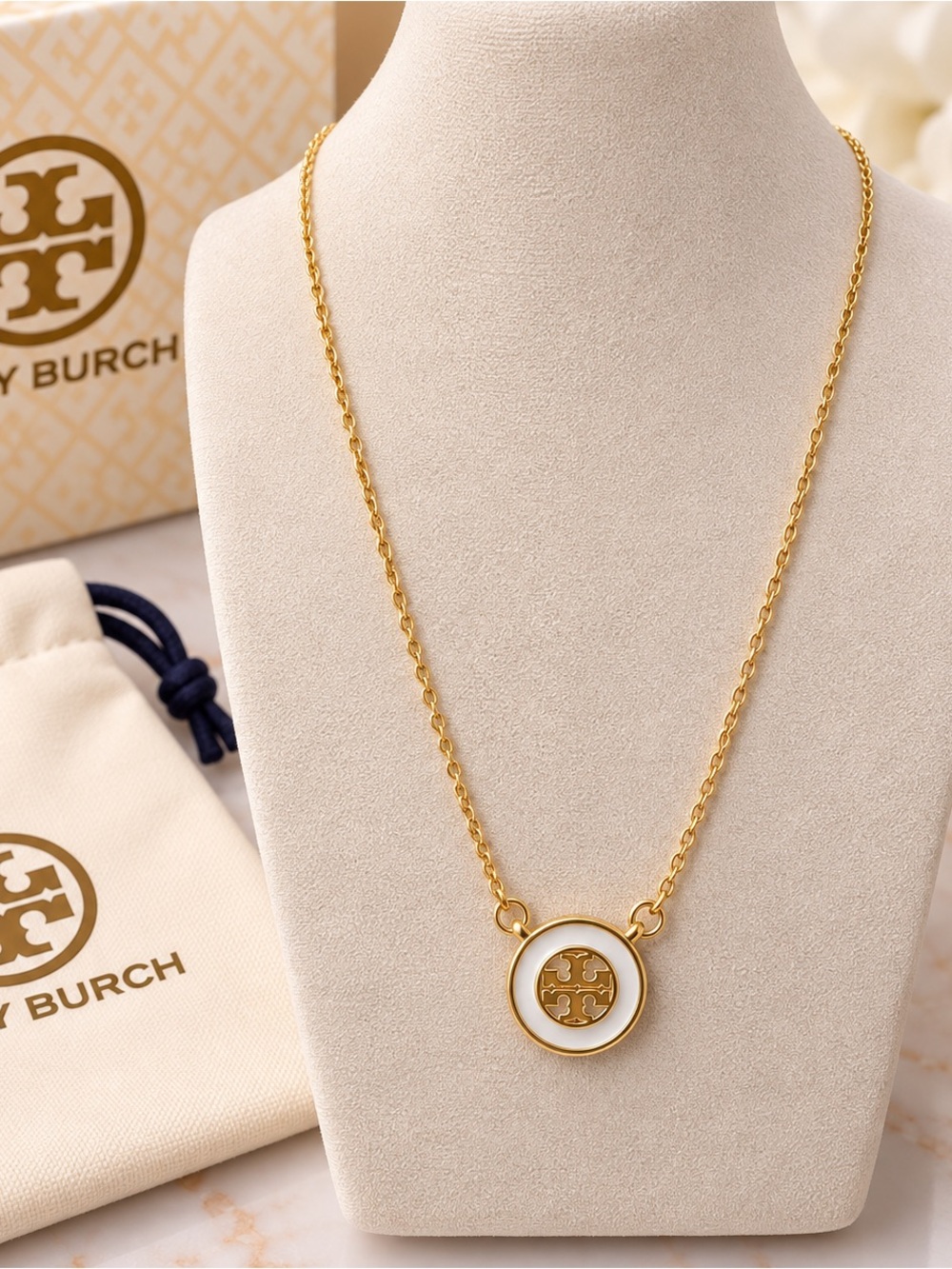 Tory Burch Gold and White Logo Circle Pendant Necklace